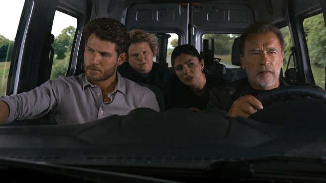 Travis Van Winkle, Fortune Feimster, Monica Barbaro, and Arnold Schwarzenegger