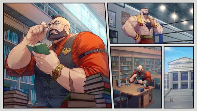 Having finished training, Zangief reads books in a library.