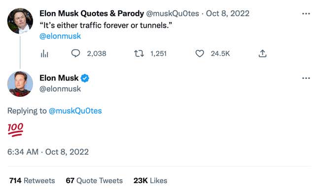 A screenshot of Elon Musk responding to a quote he said about tunnels.