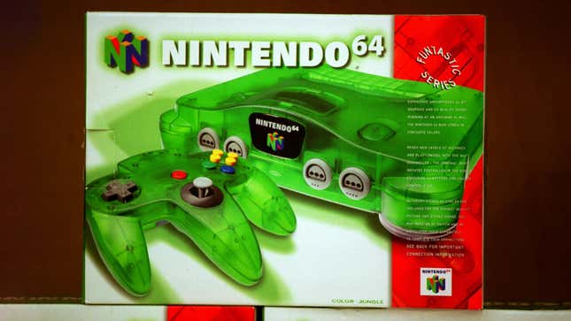 Photo of the box for a translucent green Nintendo 64 console from the 1990s.