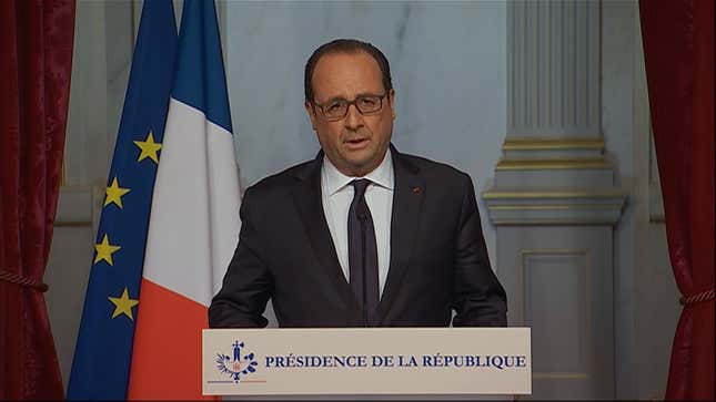 French president Francois Hollande makes an emergency televised address.