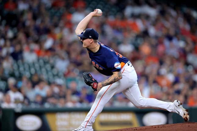 Aug 20, 2023; Houston, Texas, USA; Houston Astros starting pitcher Hunter Brown (58) delivers a pitch against the Seattle Mariners during the first inning at Minute Maid Park.