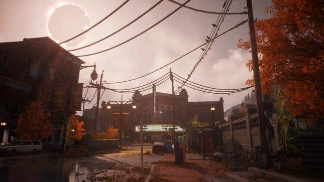 Redfall's main street appears at mid-day.