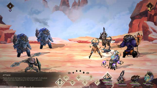 Seven monsters face off in a desert setting in Astria Ascending.