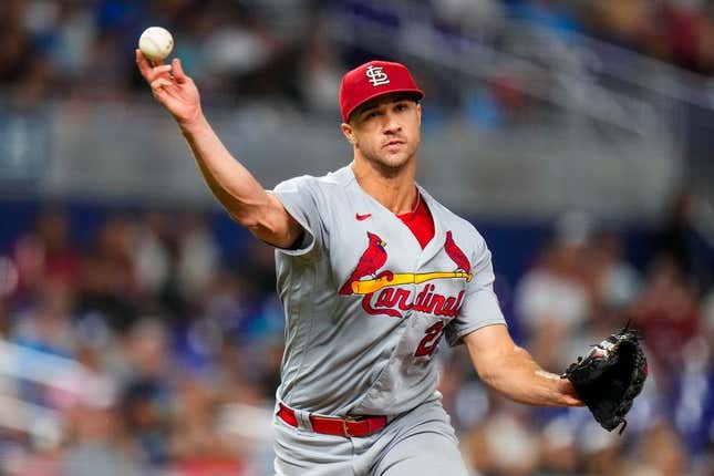 Jul 6, 2023; Miami, Florida, USA; St. Louis Cardinals starting pitcher Jack Flaherty (22) throws the ball to first base against the Miami Marlins during the seventh inning at loanDepot Park.