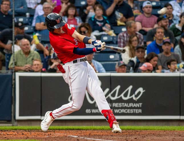Worcester Red Sox&#39; Bobby Dalbec hits a long home run that hit a train in the fourth inning against the IronPigs on Tuesday, June 20, 2023.
