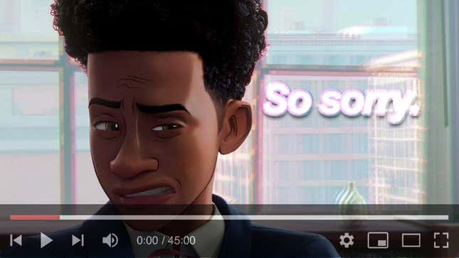 An Across the Spider-Verse still of Miles Morales edited to look like a YouTube apology video thumbnail. 