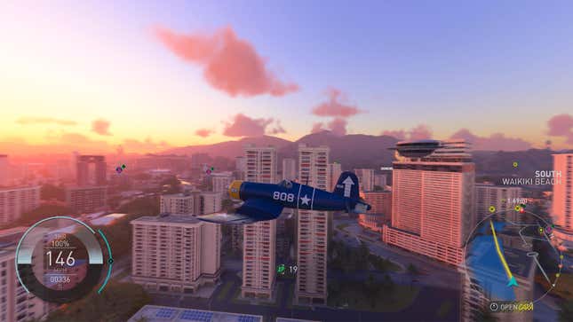 A screenshot shows a WW2 fighter plane flying above a city.