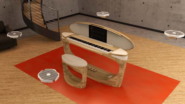 Roland's 50th Anniversary Concept Piano in a wooden floored performance space with a swarm of four drone speakers hovering around it.