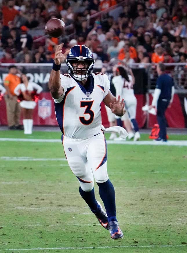 Denver Broncos quarterback Russell Wilson (3) throws a pass against the Arizona Cardinals during a preseason game at State Farm Stadium in Glendale on Aug. 11, 2023