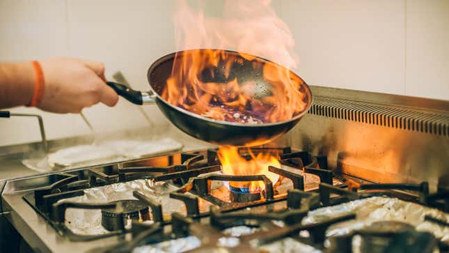 Kitchen safety tips to avoid injury, such as a burn from this hot skillet