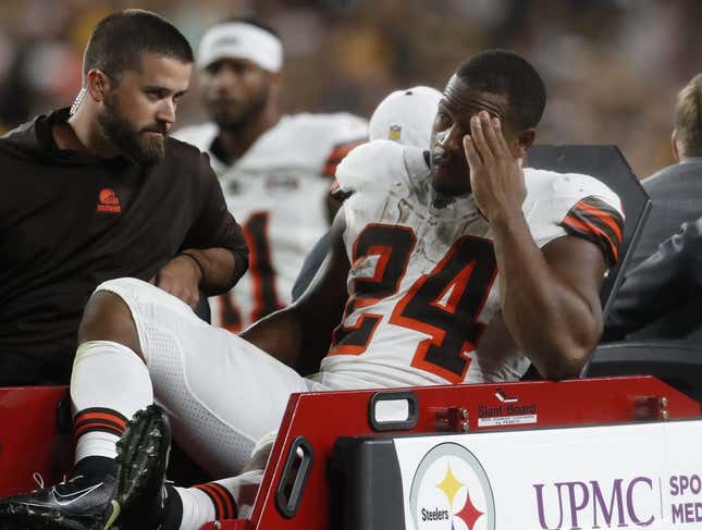 Sep 18, 2023; Pittsburgh, Pennsylvania, USA;  Cleveland Browns running back Nick Chubb (24) is taken from the field on a cart after suffering an apparent injury against the Pittsburgh Steelers during the second quarter at Acrisure Stadium.