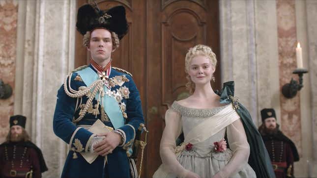 A screenshot of Nicholas Hoult and Elle Fanning from The Great trailer