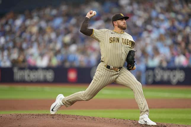 Jul 18, 2023; Toronto, Ontario, CAN; San Diego Padres starting pitcher Joe Musgrove (44) pitches to the Toronto Blue Jays  during the first inning at Rogers Centre.