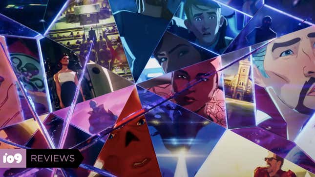 Various scenes from throughout the multiverse, shown as different facets on a cracking prism.