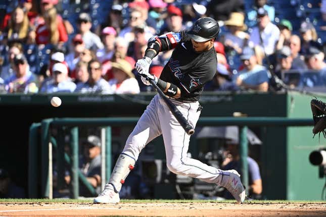 Sep 2, 2023; Washington, District of Columbia, USA; Miami Marlins second baseman Luis Arraez (3) hits a RBI single against the Washington Nationals during the second inning at Nationals Park.