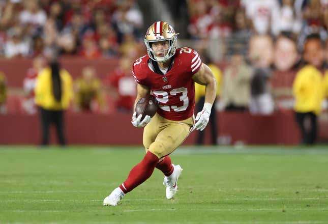 SANTA CLARA, CALIFORNIA - OCTOBER 08: Christian McCaffrey #23 of the San Francisco 49ers rushes during the third quarter against the Dallas Cowboys at Levi&#39;s Stadium on October 08, 2023 in Santa Clara, California. (Photo by Ezra Shaw/Getty Images)