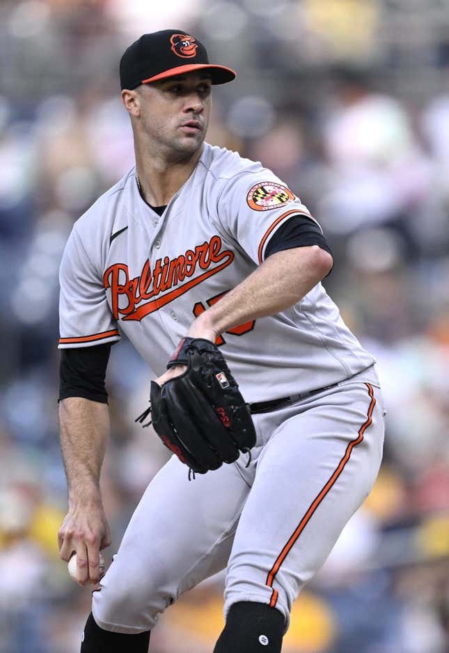 Aug 15, 2023; San Diego, California, USA; Baltimore Orioles starting pitcher Jack Flaherty (15) throws a pitch against the San Diego Padres during the first inning at Petco Park.