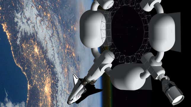 An illustration of the Pioneer-class space station, which is designed to have five modules built around a gravity ring.