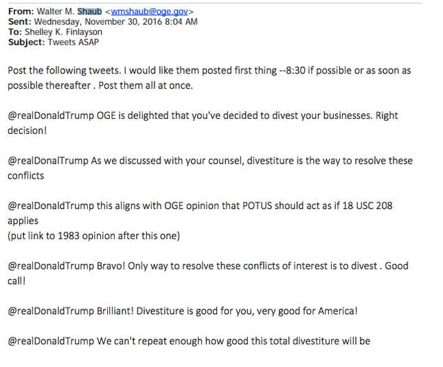 Image for article titled The inside story behind the strange US government ethics tweets singing Donald Trump’s praises