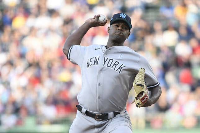 Jun 18, 2023; Boston, Massachusetts, USA; New York Yankees starting pitcher Luis Severino (40) pitches during the first inning against the Boston Red Sox at Fenway Park.