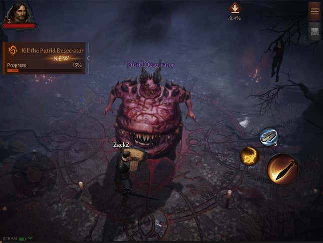A large and round demon with a mouth on his stomach fights a man with a shield.