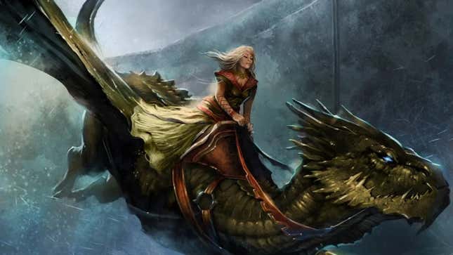 Art of Queen Alysanne riding her dragon Silverwing by Emile Denis. Seen in Green Room’s A Song of Ice and Fire Role-Playing Game.
