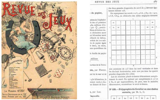 Dos páginas de la revista La Revue des Jeux, publicada en agosto de 1891 y que se cree la primera aparición de un juego tipo Sudoku en Francia.