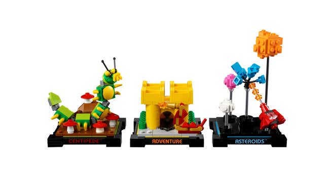 The three Lego Atari cartridges, Centipede, Adventure and Asteroids, built up showing features from each game.