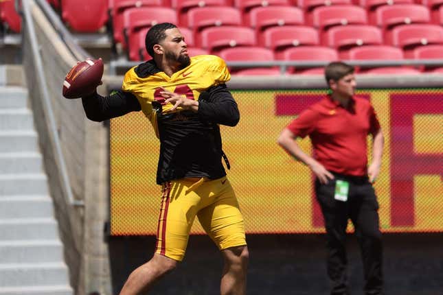 Apr 15, 2023; Los Angeles, CA, USA;  USC Trojans quarterback Caleb Williams (13) throws a ball on the sideline during the Spring Game at Los Angeles Memorial Coliseum.