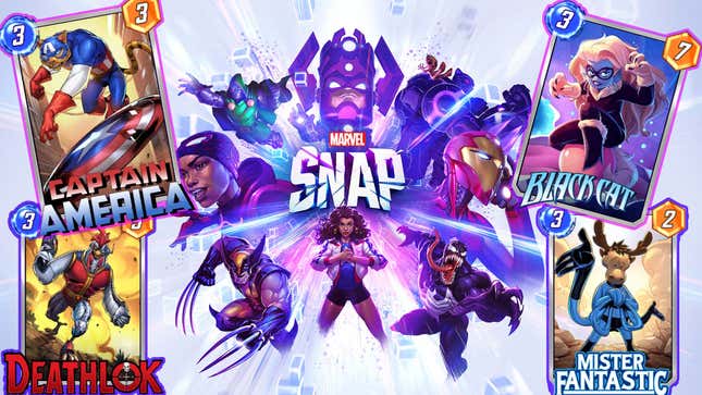 A collage of furry Snap variant cards placed over Marvel Snap's key art.