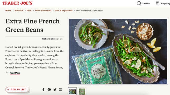 Screenshot of Trader Joe's webpage for French Green Beans