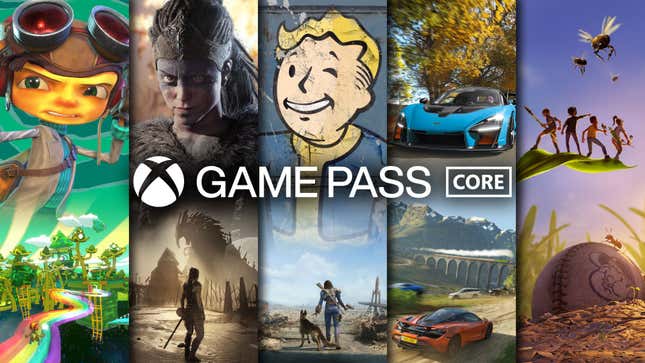 A composite image shows protagonists from various Xbox games with the new Game Pass Core logo.