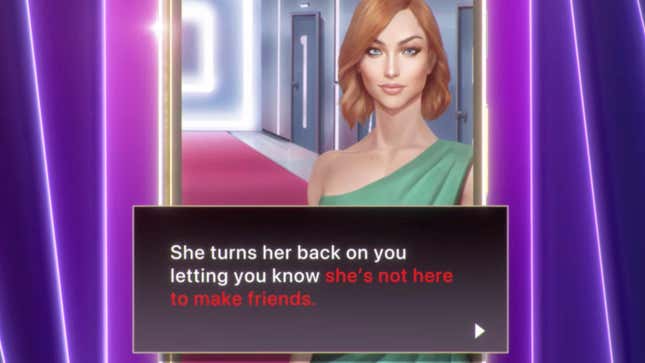 A screenshot from the forthcoming Love is Blind mobile game shows a redheaded character and text that says "She turns her back on you letting you know she's not here to make friends."