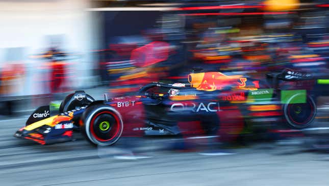 Max Verstappen of the Netherlands driving the (1) Oracle Red Bull Racing RB19 makes a pitstop during the F1 Grand Prix of Japan at Suzuka International Racing Course on September 24, 2023 in Suzuka, Japan.