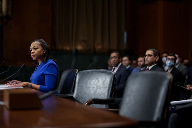  U.S. Assistant Attorney General Kristen Clarke testifies before the Senate Judiciary Committee at the Dirksen Senate Office Building on March 08, 2022, in Washington, DC.