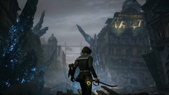 Pinocchio stands in front of a ruined hotel building in the game Lies of P.