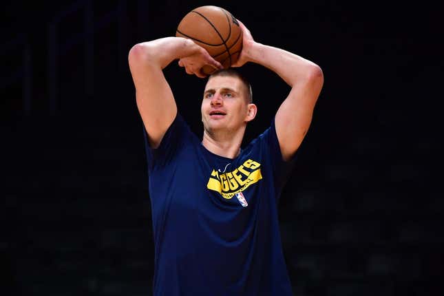May 22, 2023; Los Angeles, California, USA; Denver Nuggets center Nikola Jokic (15) practices before playing against the Los Angeles Lakers in game four of the Western Conference Finals for the 2023 NBA playoffs at Crypto.com Arena.