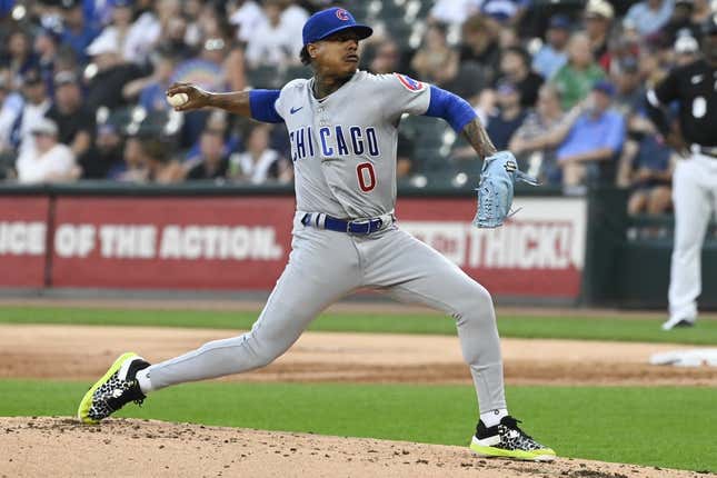 Jul 26, 2023; Chicago, Illinois, USA;  Chicago Cubs starting pitcher Marcus Stroman (0) delivers against the Chicago White Sox during the first inning at Guaranteed Rate Field.
