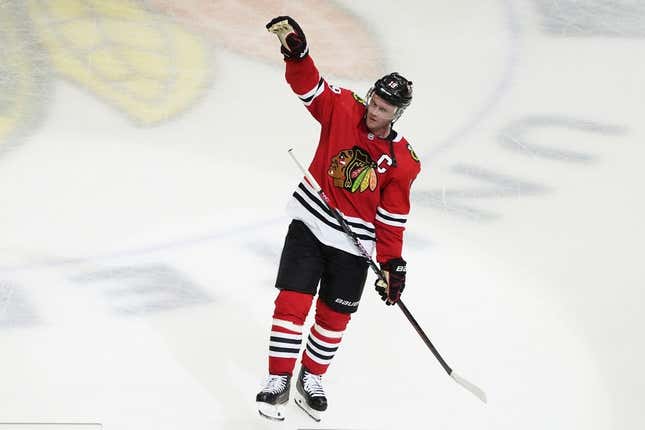 Apr 13, 2023; Chicago, Illinois, USA; Chicago Blackhawks center Jonathan Toews (19) is honored after the game against the Philadelphia Flyers. He played his last game as a Blackhawk, at United Center.