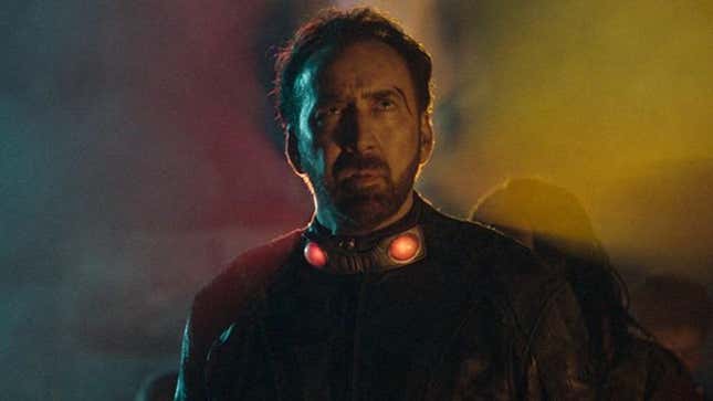 Nicolas Cage wearing a bomb collar in Sion Sono's new movie Prisoners of the Ghostland.