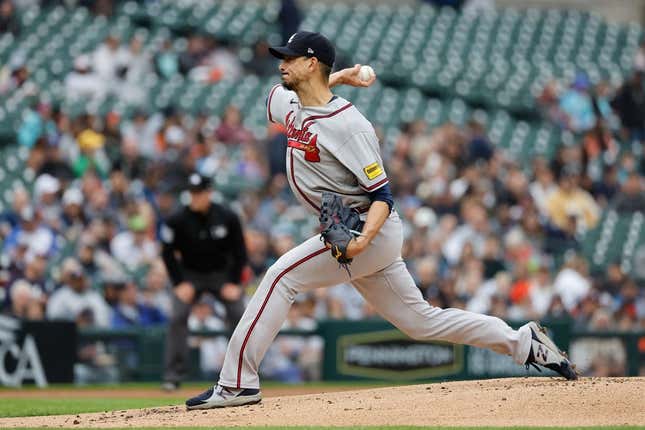 Jun 12, 2023; Detroit, Michigan, USA;  Atlanta Braves starting pitcher Charlie Morton (50) pitches in the first inning against the Detroit Tigers at Comerica Park.
