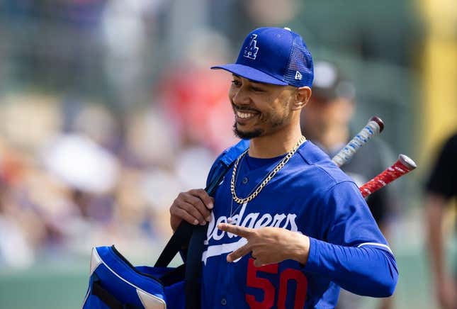 Mar 5, 2023; Phoenix, Arizona, USA; Los Angeles Dodgers second baseman Mookie Betts against the Chicago White Sox during a spring training game at Camelback Ranch-Glendale.