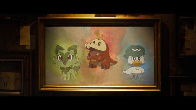 A painting of Pokémon Scarlet and Violet's three starters hangs in a dark room.
