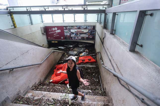Debris left in a flooded subway around Macau after Typhoon Hato hit on August 23, 2017.