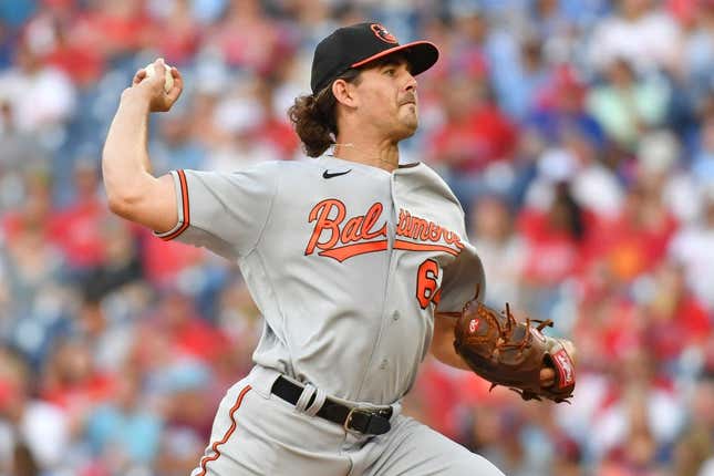 Jul 24, 2023; Philadelphia, Pennsylvania, USA; Baltimore Orioles starting pitcher Dean Kremer (64) throws a pitch during the first inning against the Philadelphia Phillies at Citizens Bank Park.