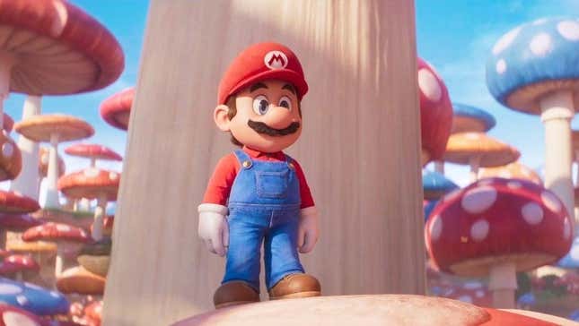 Mario looks out at the Mushroom Kingdom from atop some toadstools. 