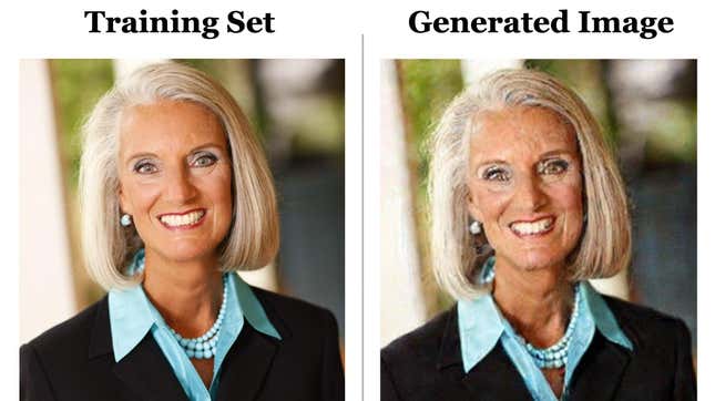 An image of Anne Graham Lotz on the left and a generated image that's a direct replica of Lotz on the right.