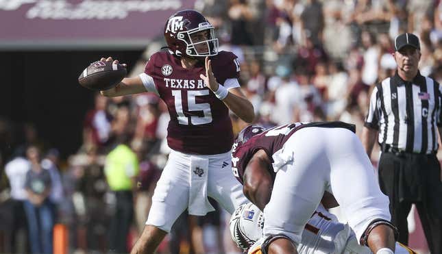 Sep 16, 2023; College Station, Texas, USA; Texas A&amp;amp;M Aggies quarterback Conner Weigman (15) attempts a pass during the second quarter against the Louisiana Monroe Warhawks at Kyle Field.