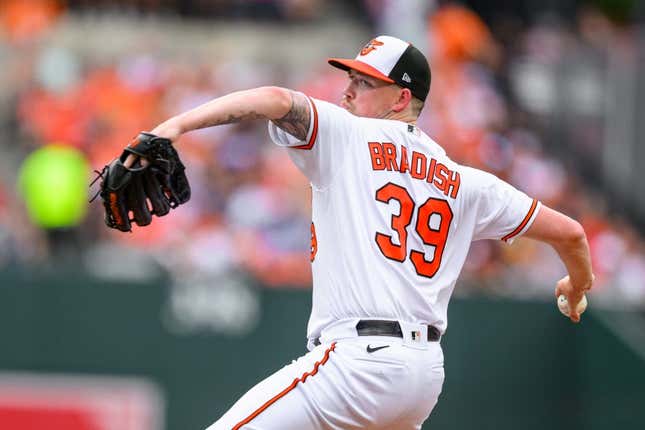Jun 25, 2023; Baltimore, Maryland, USA; Baltimore Orioles starting pitcher Kyle Bradish (39) throws a pitch during the first inning against the Seattle Mariners at Oriole Park at Camden Yards.